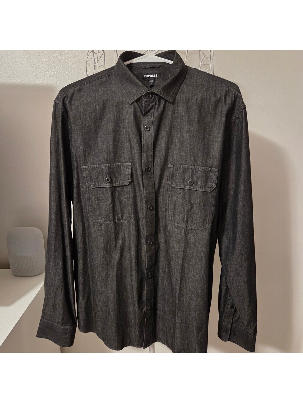 Express Men's Black Long Sleeve Button-Up Shirt, Size Large